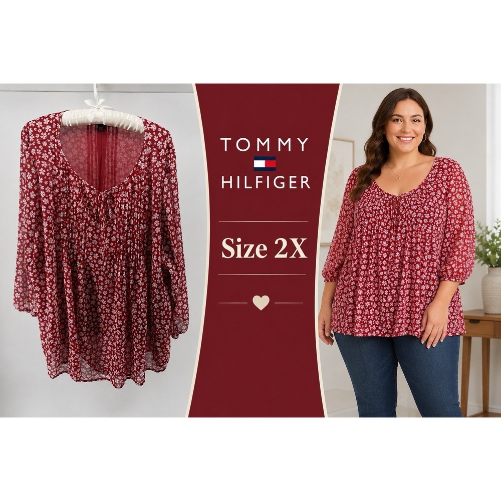Tommy Hilfiger 2X Red Floral Peasant Blouse Boho Flowy Fall Sheer Chic Top - Picture 1 of 7